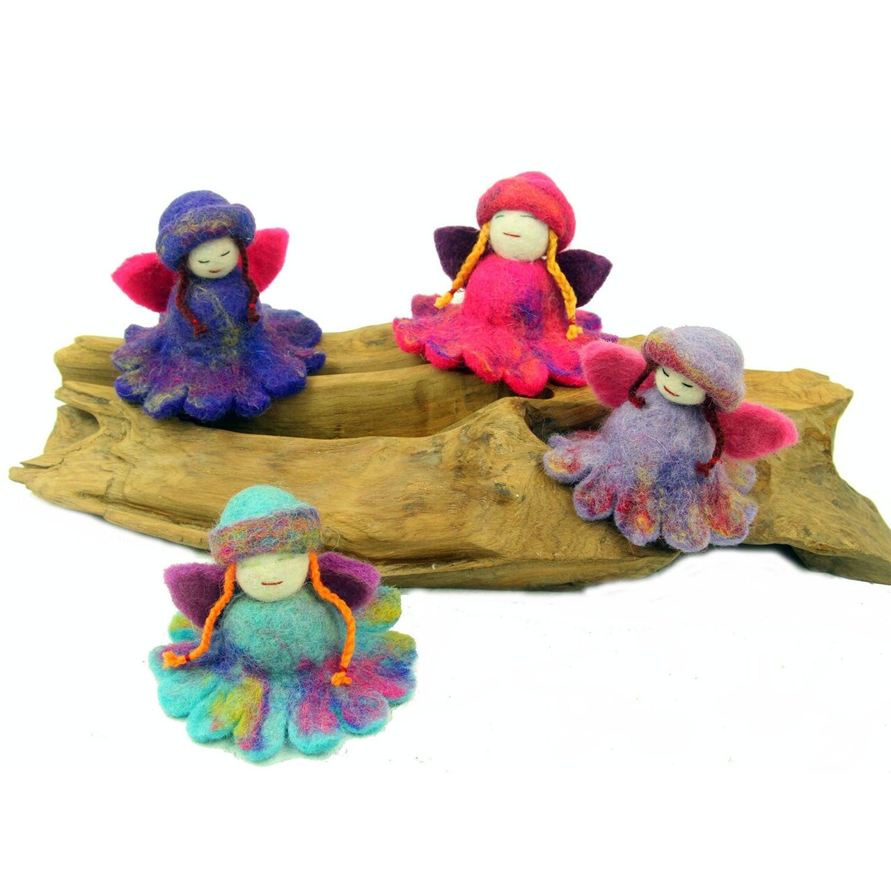 Set of 4 Colorful Felt Flower Fairy Handcrafted Hanging Doll Decor for Kids or Nursery Room